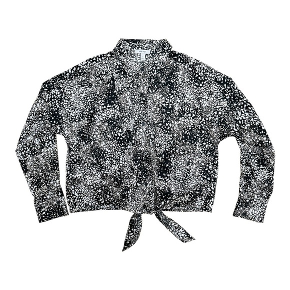 Nine West Black and White Tie Front Blouse with Notched Collar - Picture 4 of 6